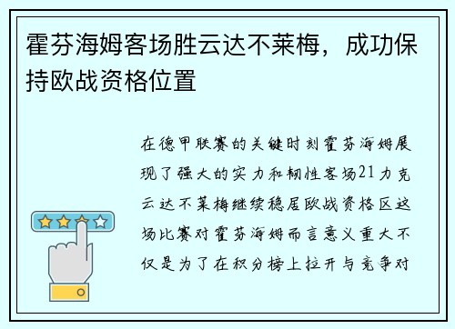 霍芬海姆客场胜云达不莱梅，成功保持欧战资格位置