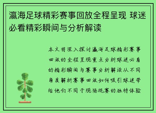 瀛海足球精彩赛事回放全程呈现 球迷必看精彩瞬间与分析解读